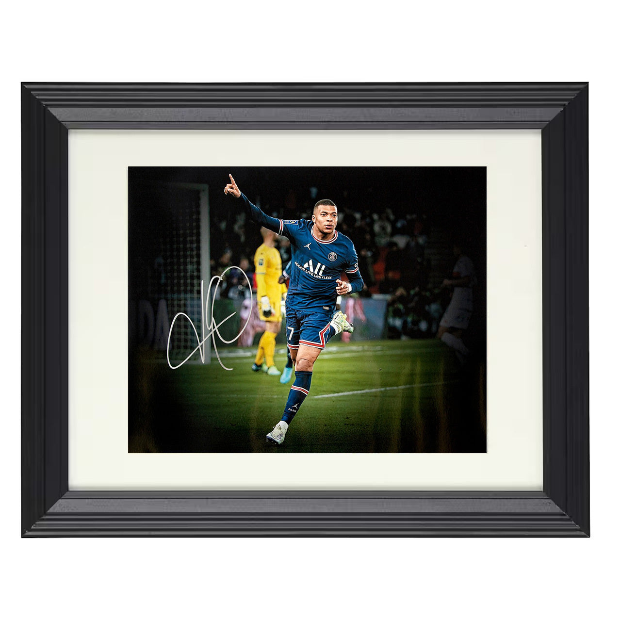 Kylian Mbappé – Real Madrid Jet Speed Goal Celebration 8x10 matted black framed soccer wall art