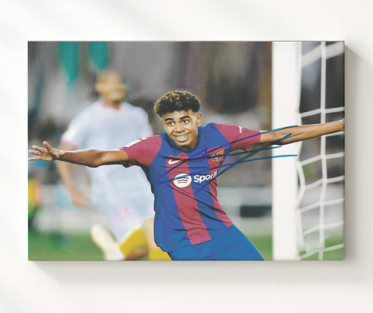 Lamine Yamal FC Barcelona Goal Celebration Arms Wide - Canvas soccer wall art