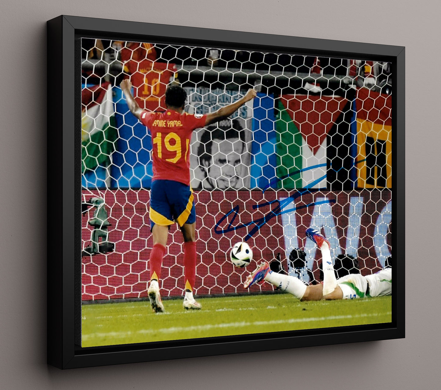 Lamine Yamal Spain Goal Celebration Print at Net Soccer Print 16x20 Framed Canvas soccer wall art print – Soccer Prints decor