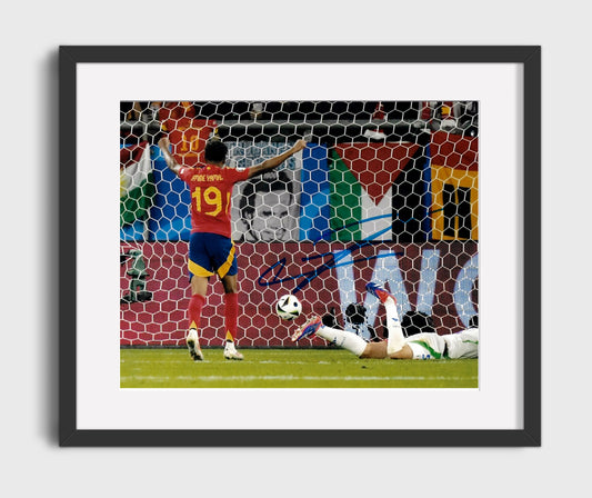 Lamine Yamal Spain Goal Celebration Print at Net Soccer Print 16x20 Gallery Framed Artwork wall art print – soccer decor