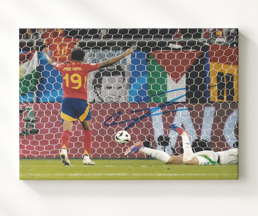 Lamine Yamal Spain Goal Celebration at Net - Canvas soccer wall art