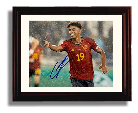 Lamine Yamal Spain Pointing Celebration Moment Soccer Print 8x10 Beveled Frame soccer wall art print – Soccer Prints decor