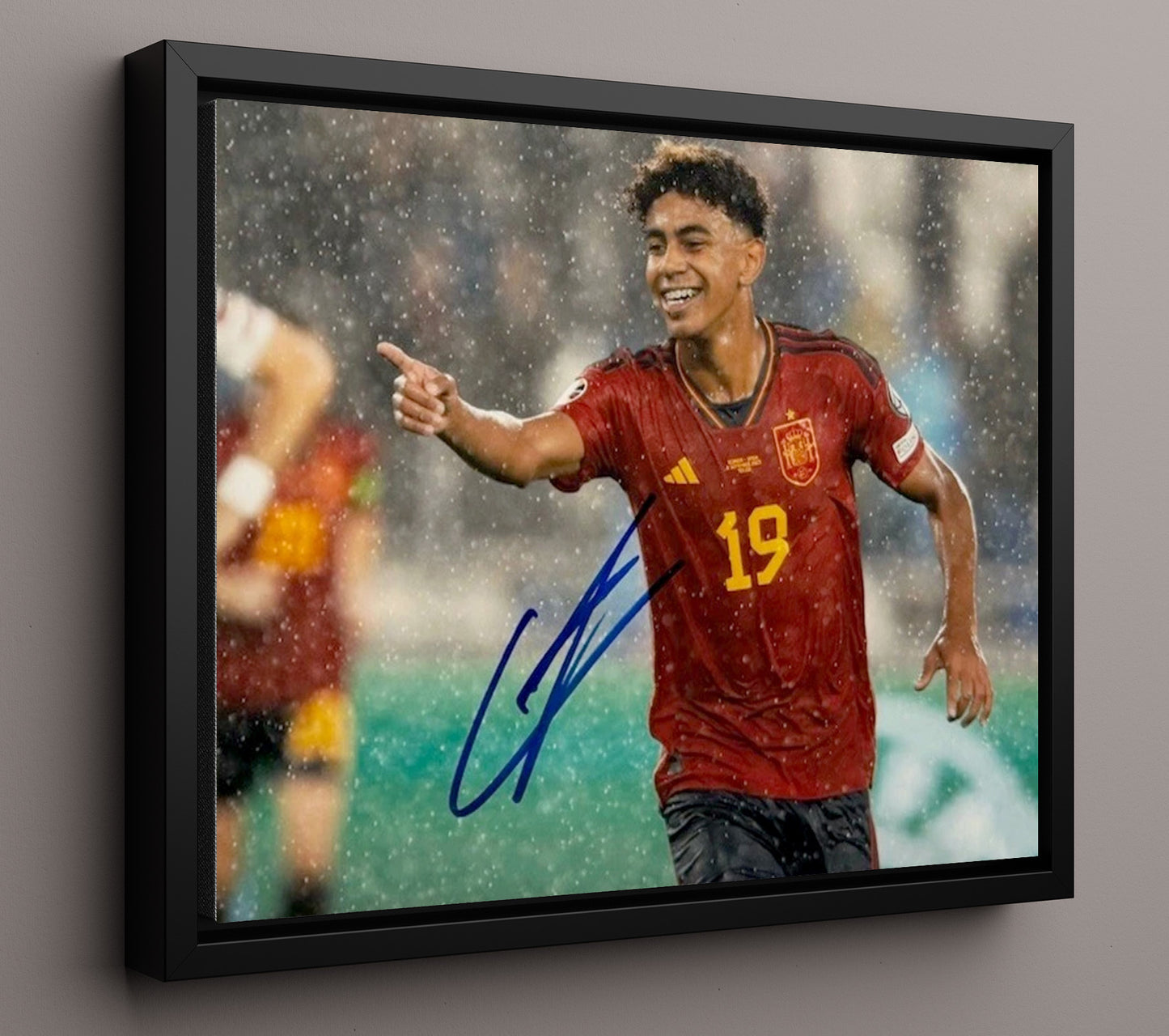 Lamine Yamal Spain Pointing Celebration Moment Soccer Print 16x20 Framed Canvas soccer wall art print – Soccer Prints decor