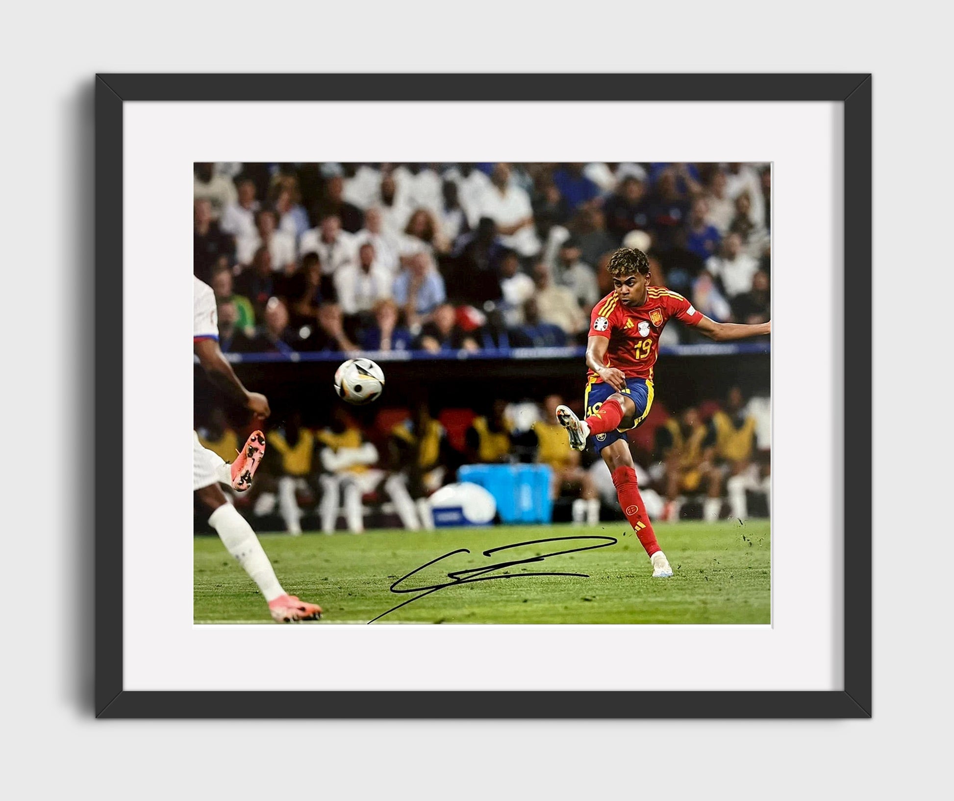 Lamine Yamal Spain Power Strike Shot Soccer Print 16x20 Gallery Frame soccer wall art print – Soccer Prints decor
