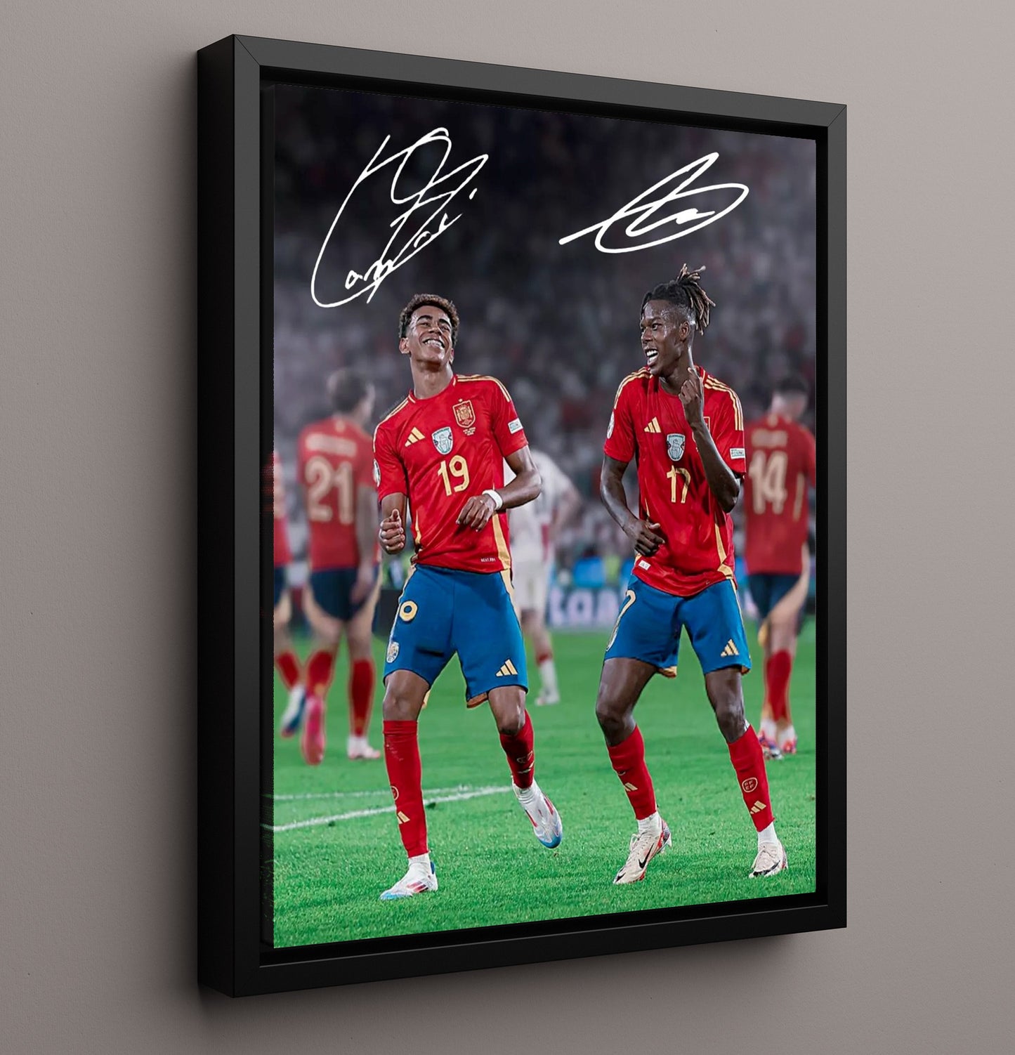 Lamine Yamal and Nico Williams Spain Rising Stars Celebration Spotlight Soccer 16x20 Framed Canvas soccer wall art print – Soccer Prints decor