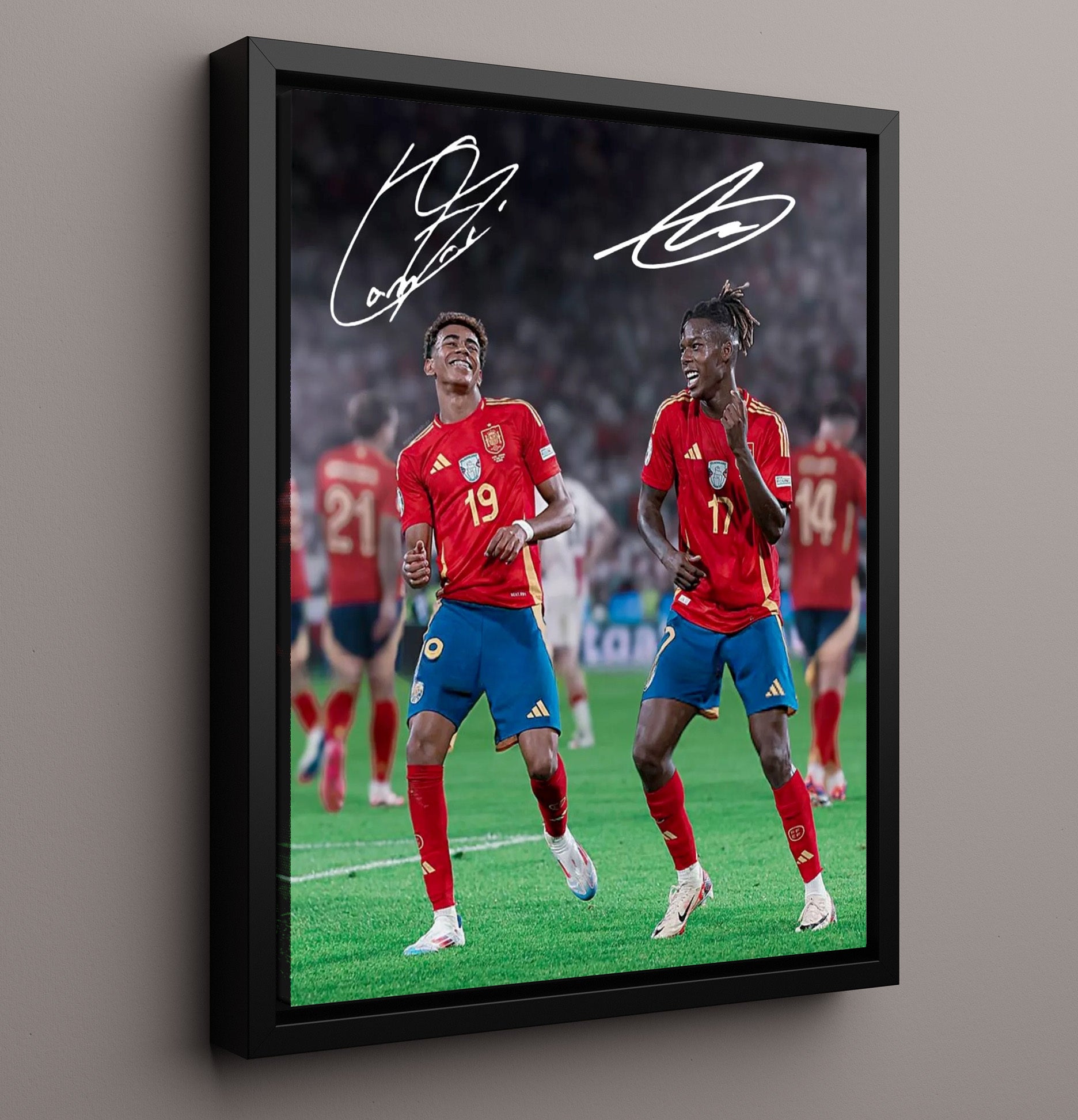 Lamine Yamal and Nico Williams Spain Rising Stars Celebration Spotlight Soccer 16x20 Framed Canvas soccer wall art print – Soccer Prints decor