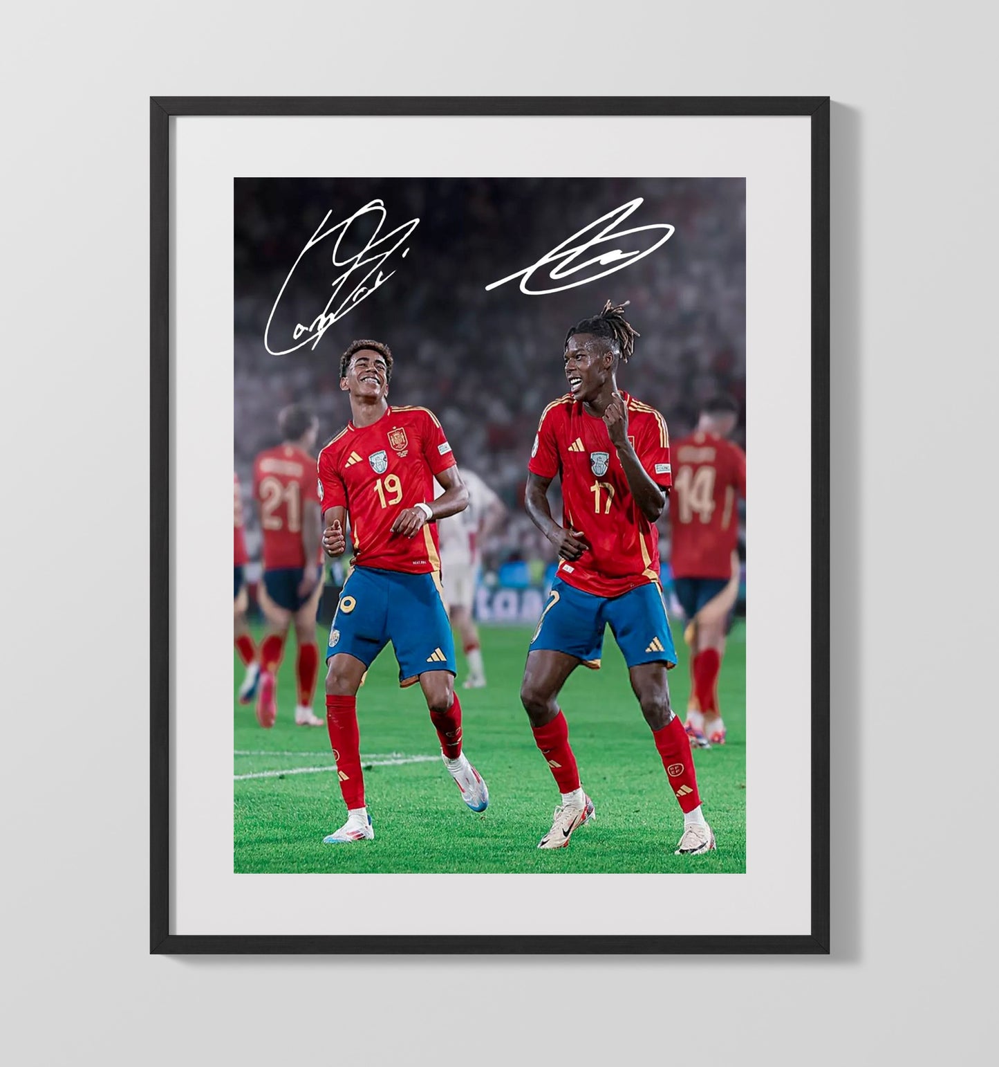Lamine Yamal and Nico Williams Spain Rising Stars Celebration Spotlight Soccer 16x20 Gallery Frame soccer wall art print – Soccer Prints decor