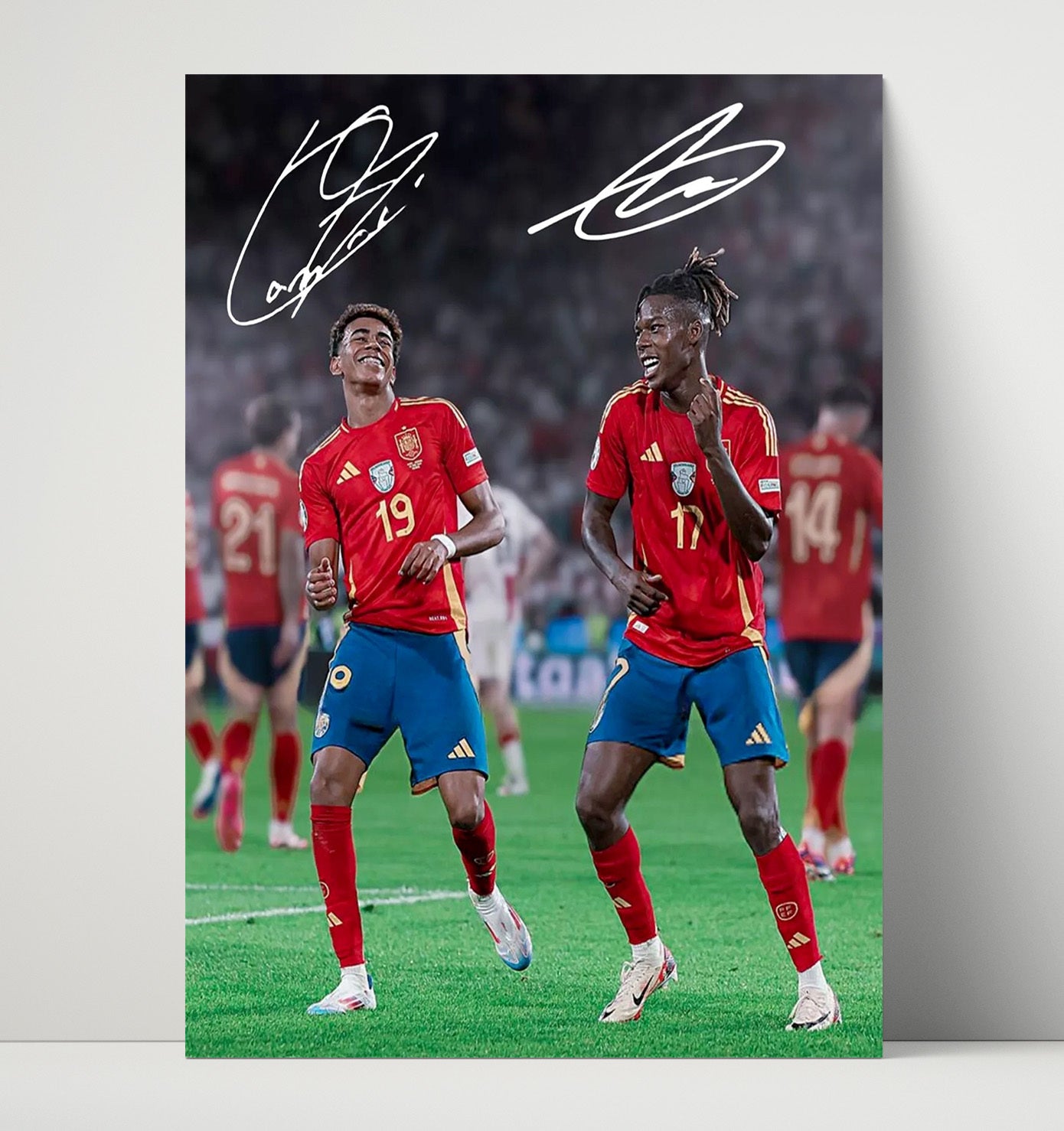 Lamine Yamal and Nico Williams Spain Rising Stars Celebration Spotlight Soccer 16x20 Unframed Print soccer wall art print – Soccer Prints decor