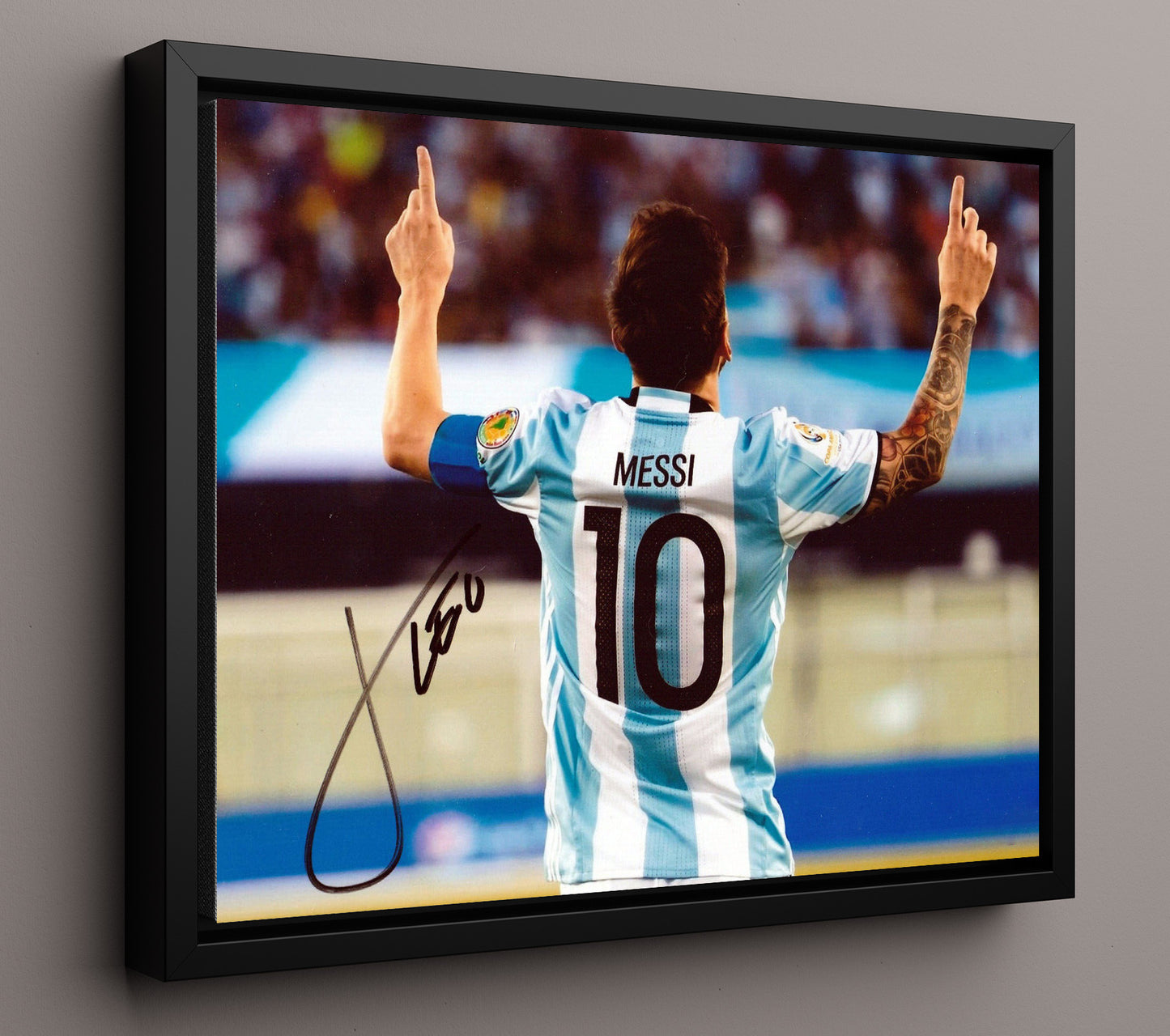 Lionel Messi Argentina GOAT Hands Up Celebration Soccer Print 16x20 Framed Canvas soccer wall art print – Soccer Prints decor