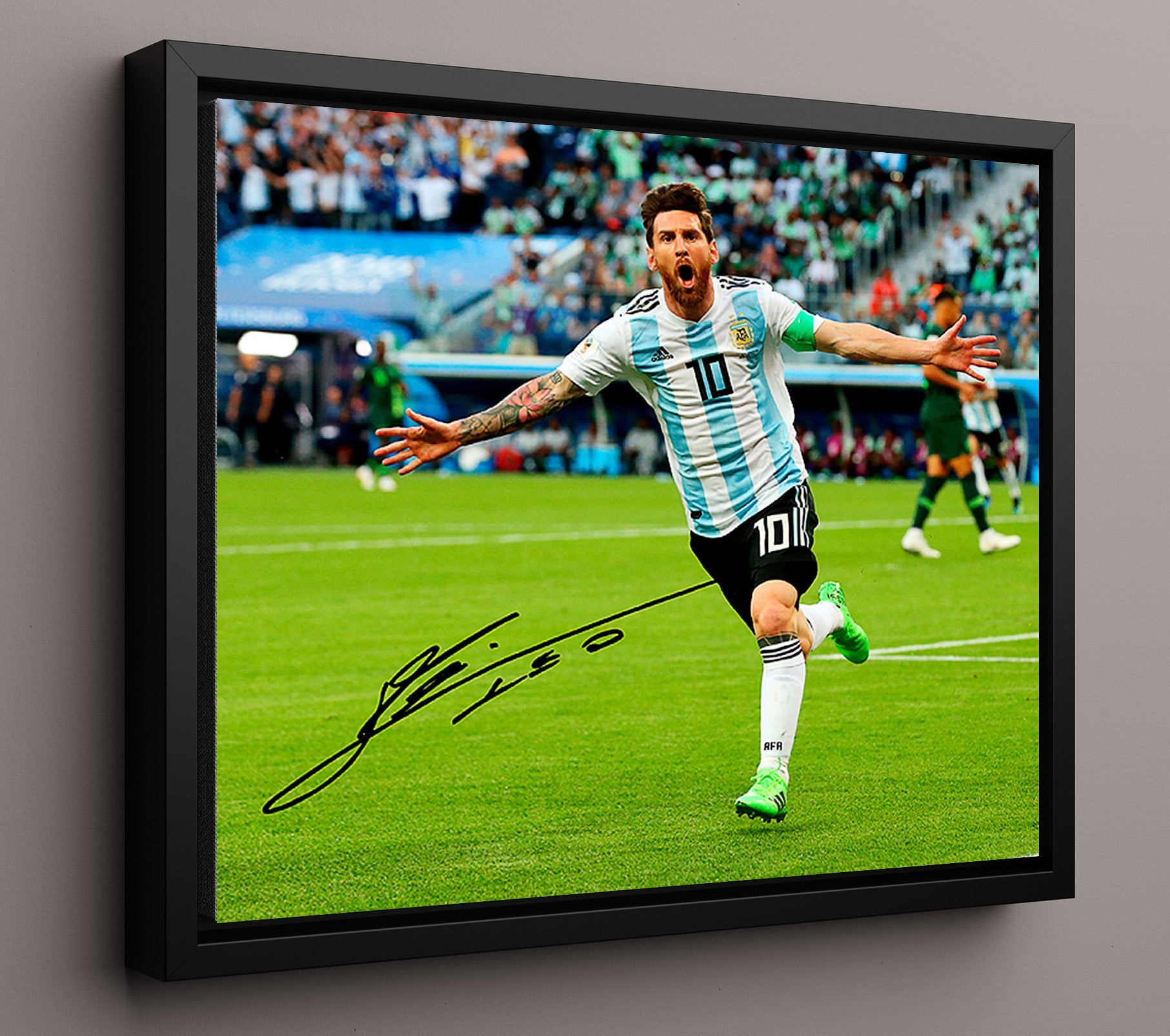 Lionel Messi Argentina Goal Celebration Print Run Soccer Print 16x20 Framed Canvas soccer wall art print – Soccer Prints decor