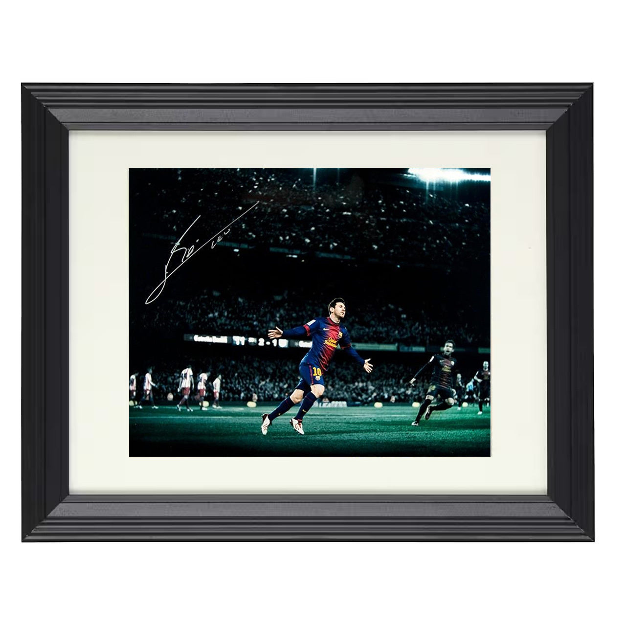 Lionel Messi – FC Barcelona Night Match Goal Celebration 8x10 matted black framed soccer wall art