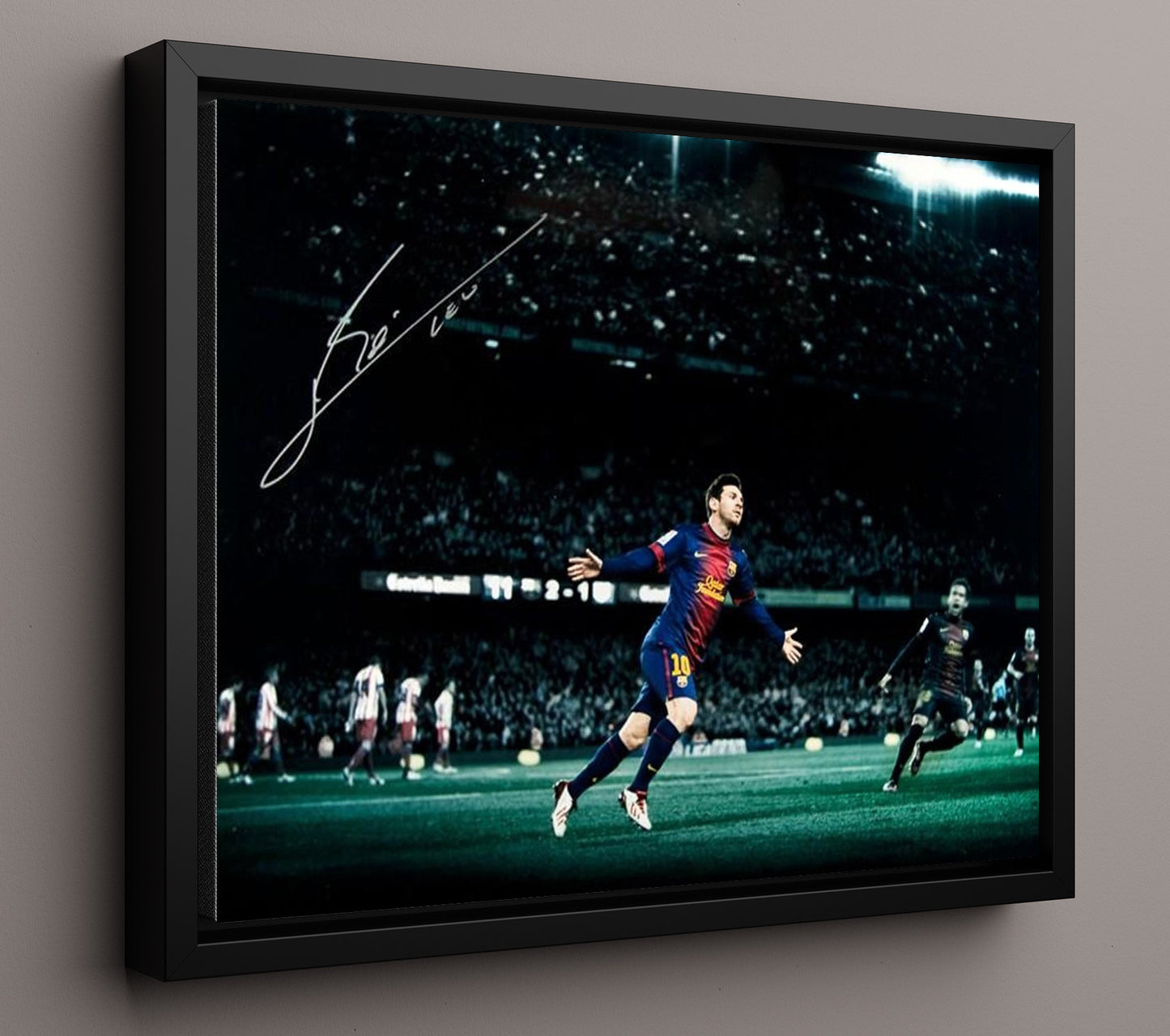 Lionel Messi FC Barcelona Night Match Goal Celebration Print Soccer Print 16x20 Framed Canvas soccer wall art print – Soccer Prints decor