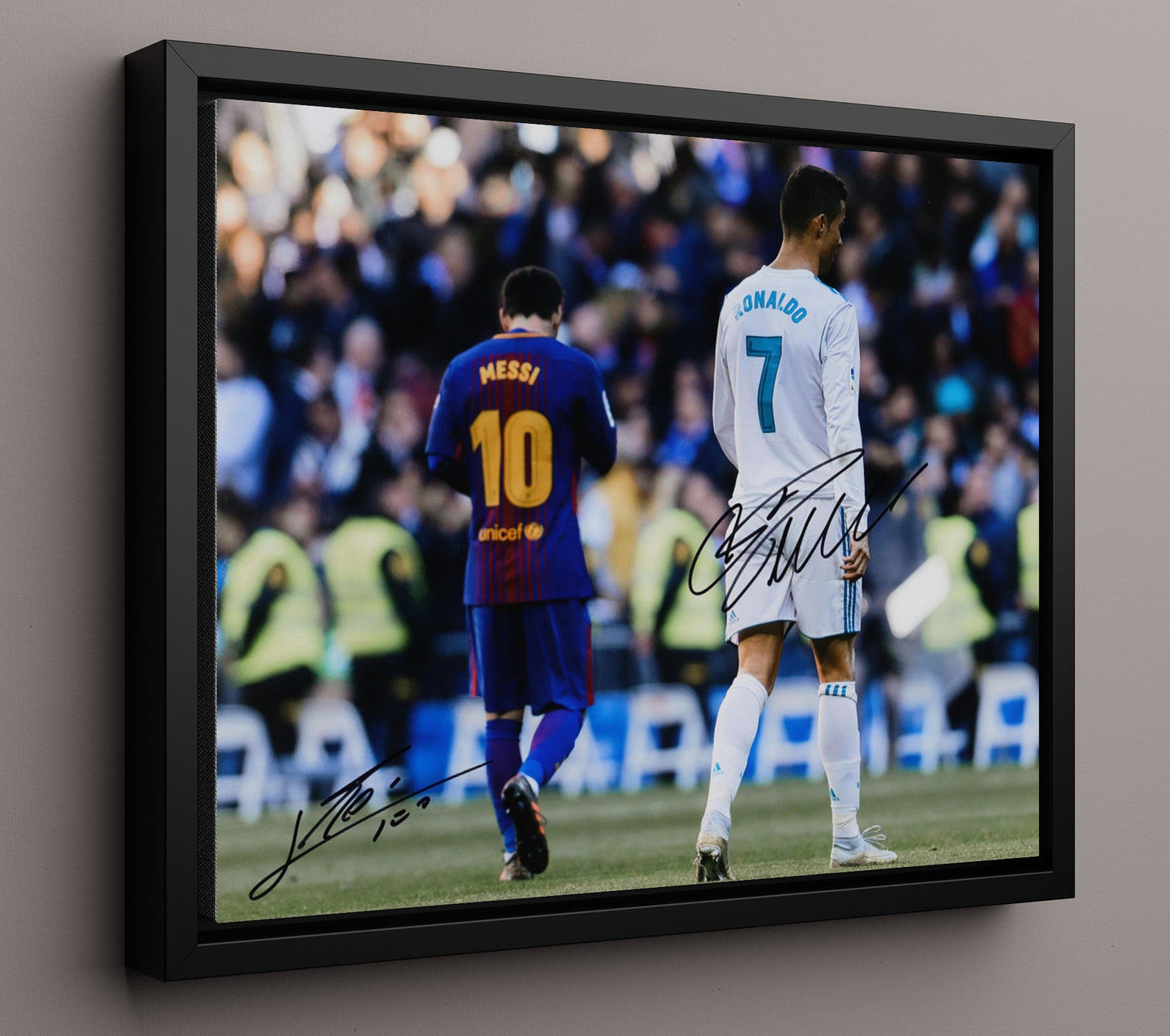 Lionel Messi vs Cristiano Ronaldo Eternal Rivals Match Moment Soccer Print 16x20 Framed Canvas soccer wall art print – Soccer Prints decor