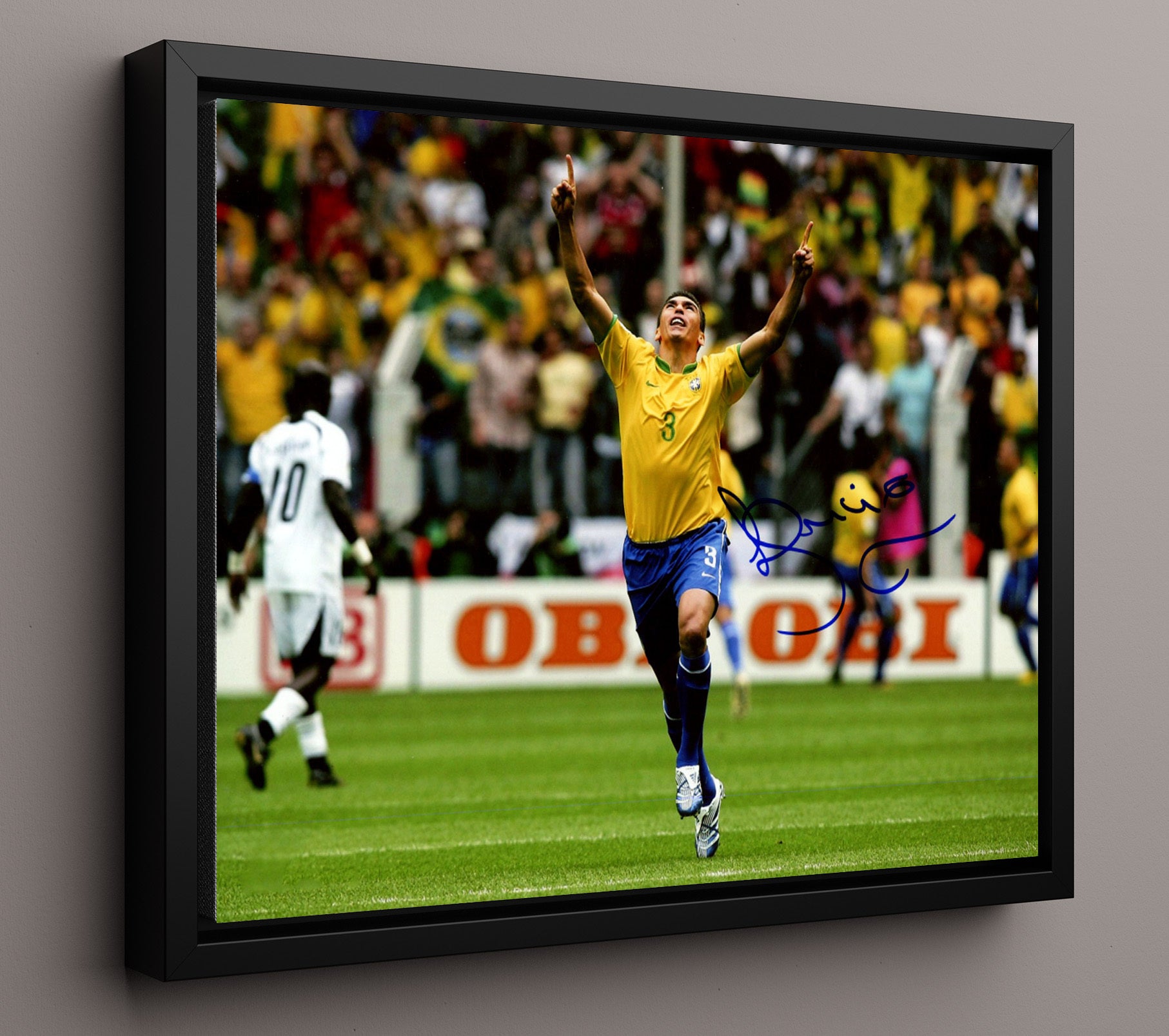 Lucio Brazil Goal Celebration Print World Cup Era Soccer Print 16x20 Framed Canvas soccer wall art print – Soccer Prints decor