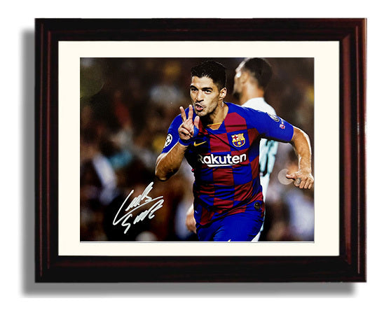 Luis Suarez Barcelona Two Finger Goal Celebration Print Soccer Print 8x10 Beveled Frame soccer wall art print – Soccer Prints decor