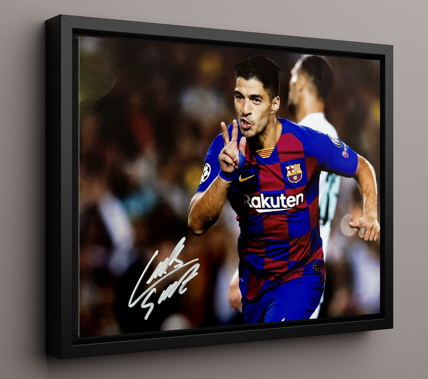 Luis Suarez Barcelona Two Finger Goal Celebration Print Soccer Print 16x20 Framed Canvas soccer wall art print – Soccer Prints decor