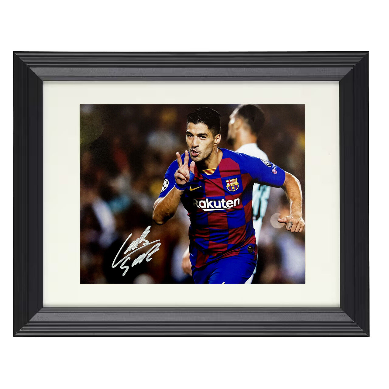 Luis Suárez – Barcelona Two Finger Goal Celebration 8x10 matted black framed soccer wall art