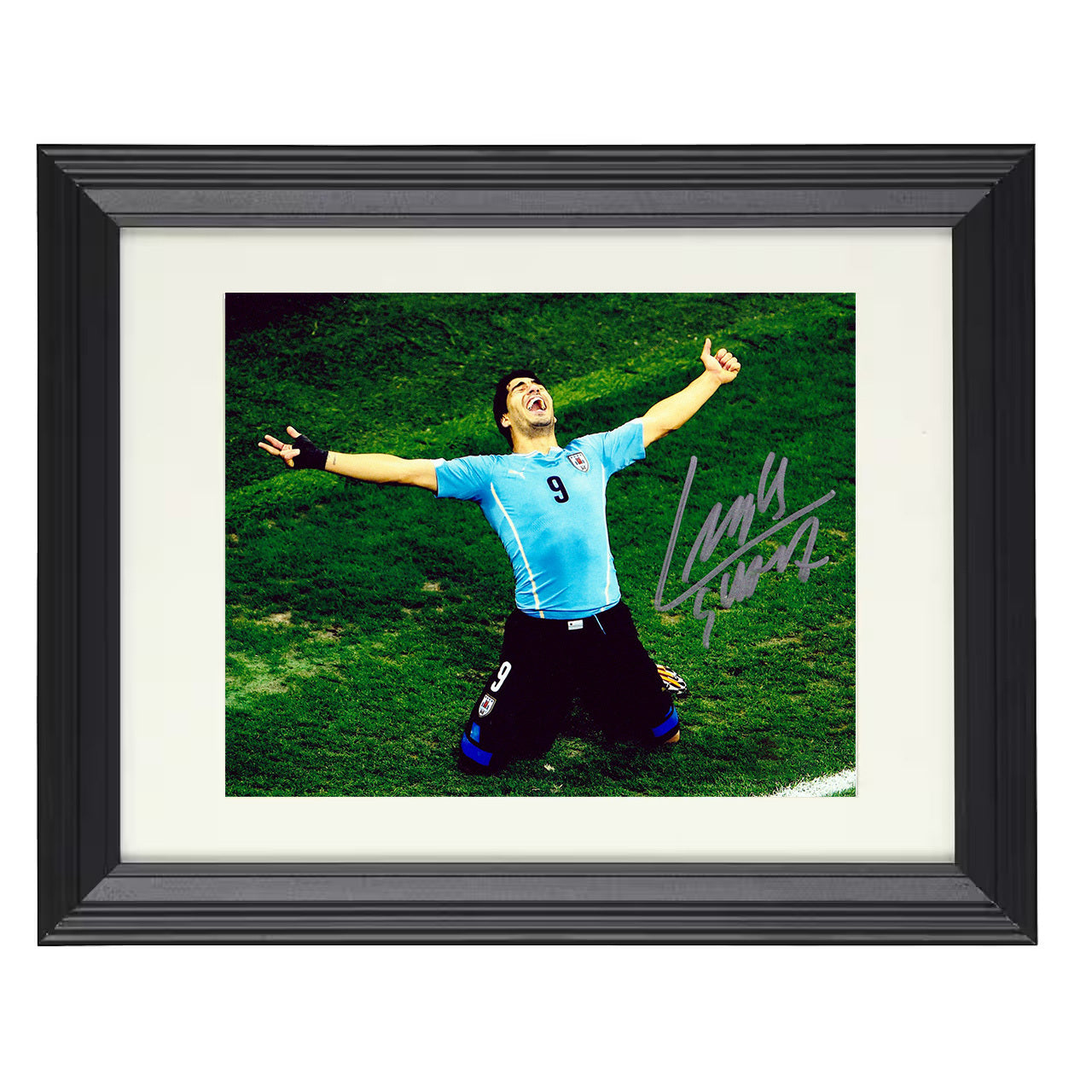 Luis Suárez – Uruguay Wild Goal Celebration Roar 8x10 matted black framed soccer wall art