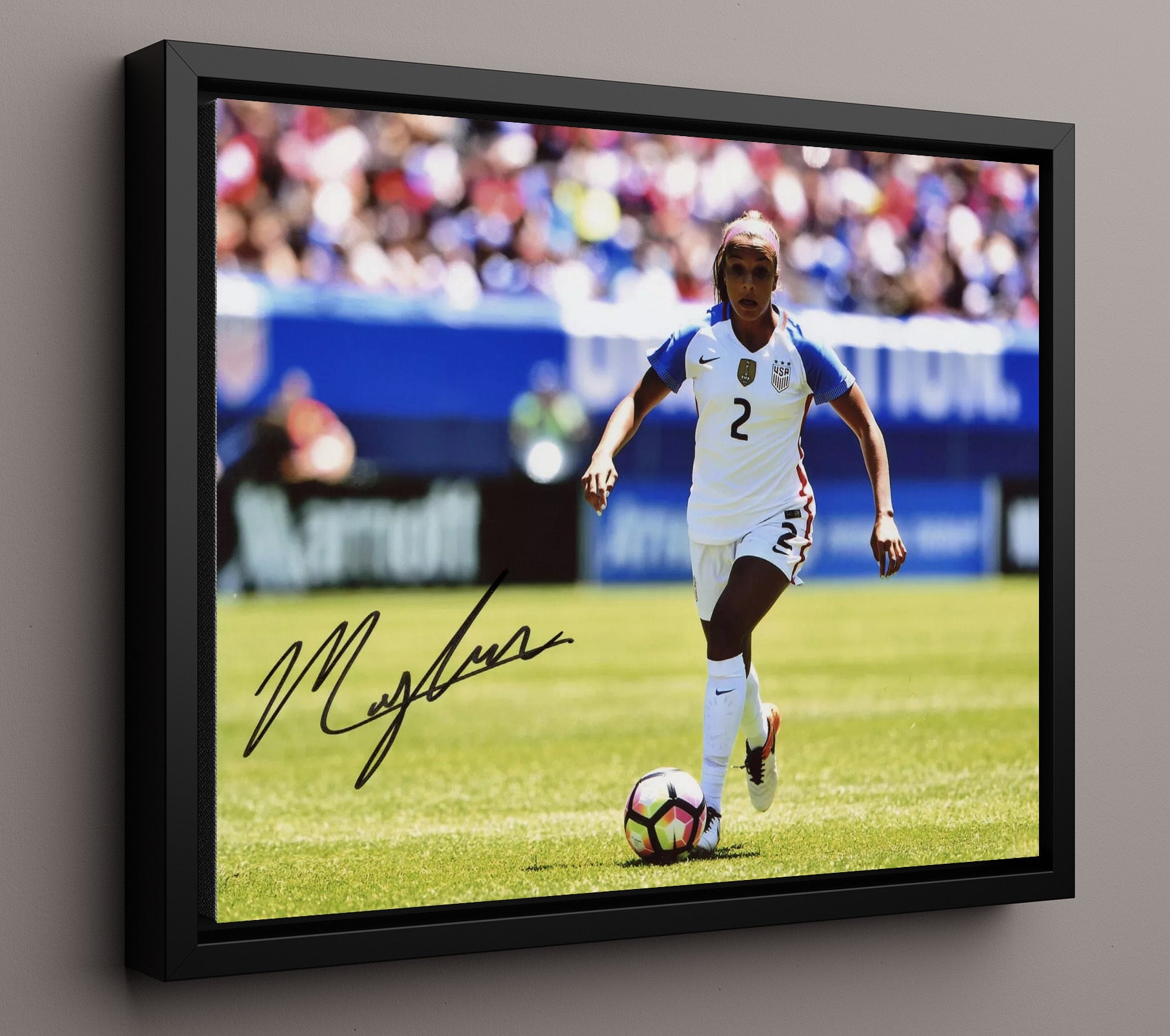 Mallory Swanson USA Womens National Team Dribbling Attack Soccer Print 16x20 Framed Canvas soccer wall art print – Soccer Prints decor