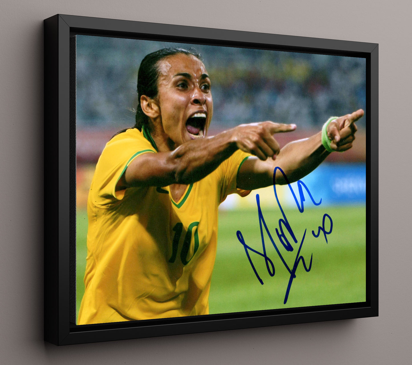 Marta Brazil Passion Celebration Point Soccer Print 16x20 Framed Canvas soccer wall art print – Soccer Prints decor