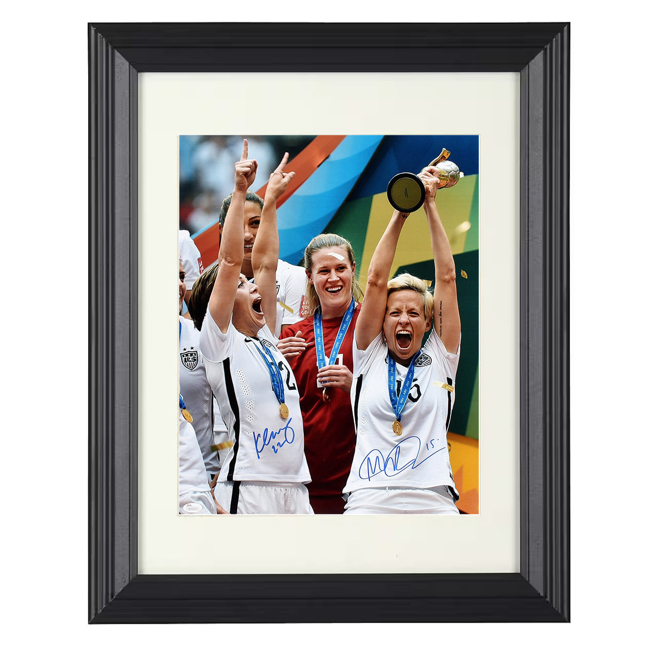 Rapinoe and Klingenberg – USA World Champions Victory 2015 8x10 matted black framed soccer wall art