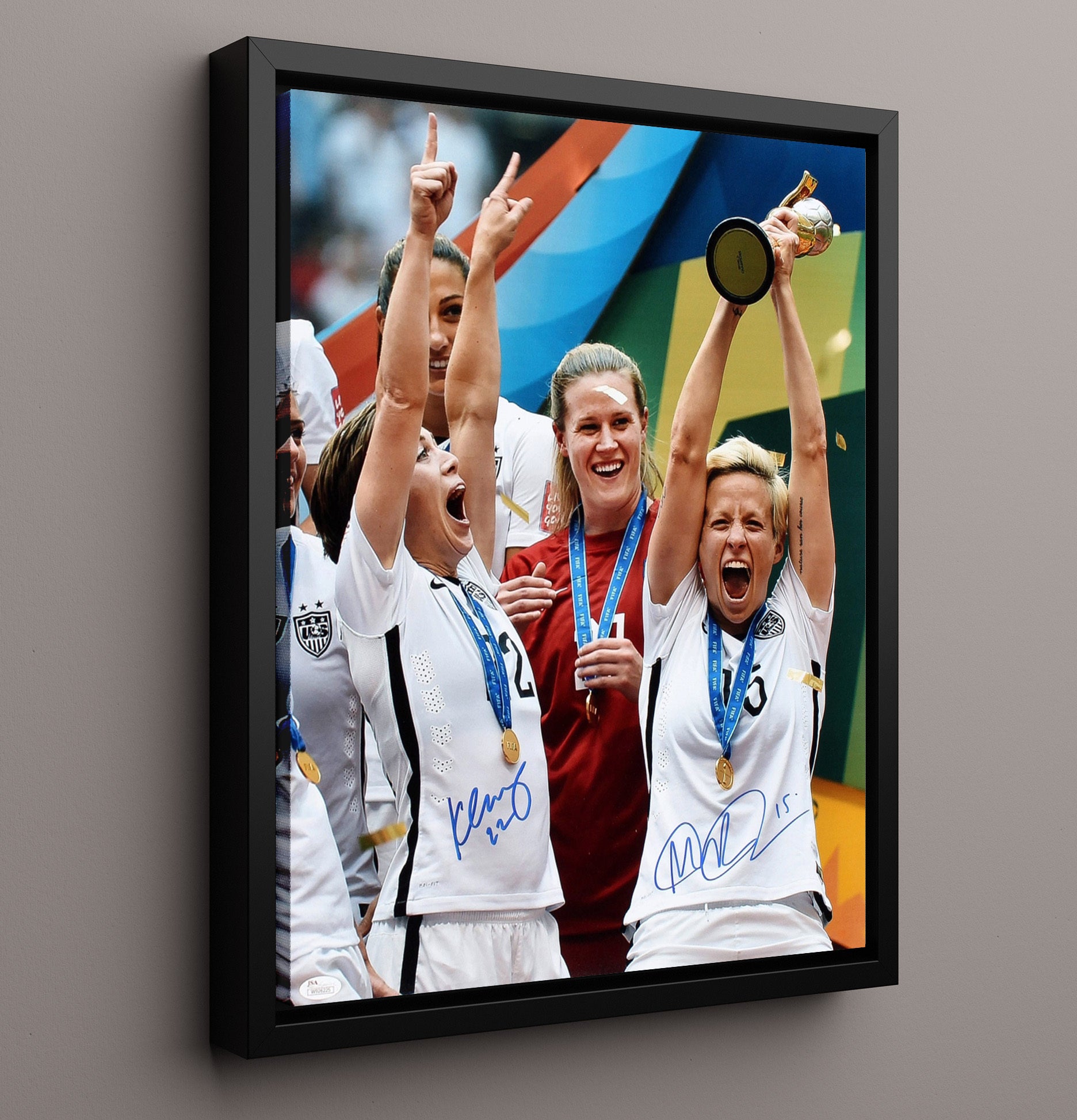 Megan Rapinoe and Meghan Klingenberg USA World Cup Champions Victory 16x20 Framed Canvas soccer wall art print – Soccer Prints decor