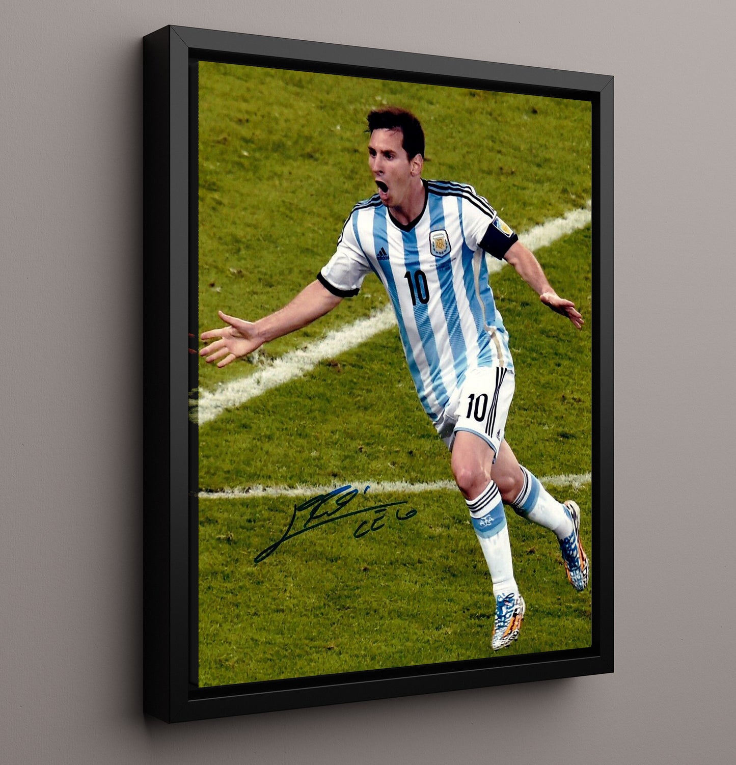 Messi Argentina World Cup Celebration Run Spotlight Soccer Print 16x20 Framed Canvas soccer wall art print – Soccer Prints decor