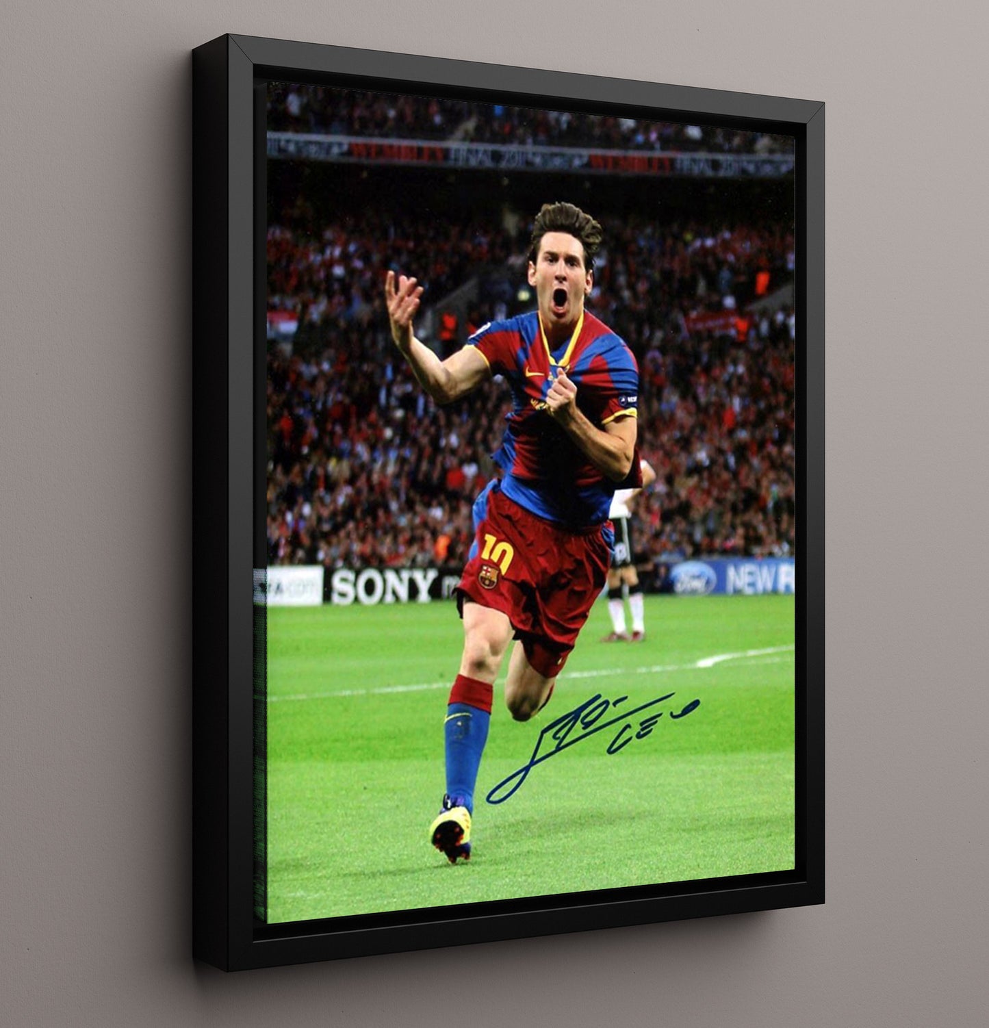 Messi Barcelona GOAT Goal Celebration Print Run Camp Nou Soccer Print 16x20 Framed Canvas soccer wall art print – Soccer Prints decor