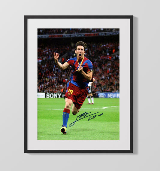 Messi Barcelona GOAT Goal Celebration Print Run Camp Nou Soccer Print 16x20 Gallery Framed Artwork wall art print – soccer decor