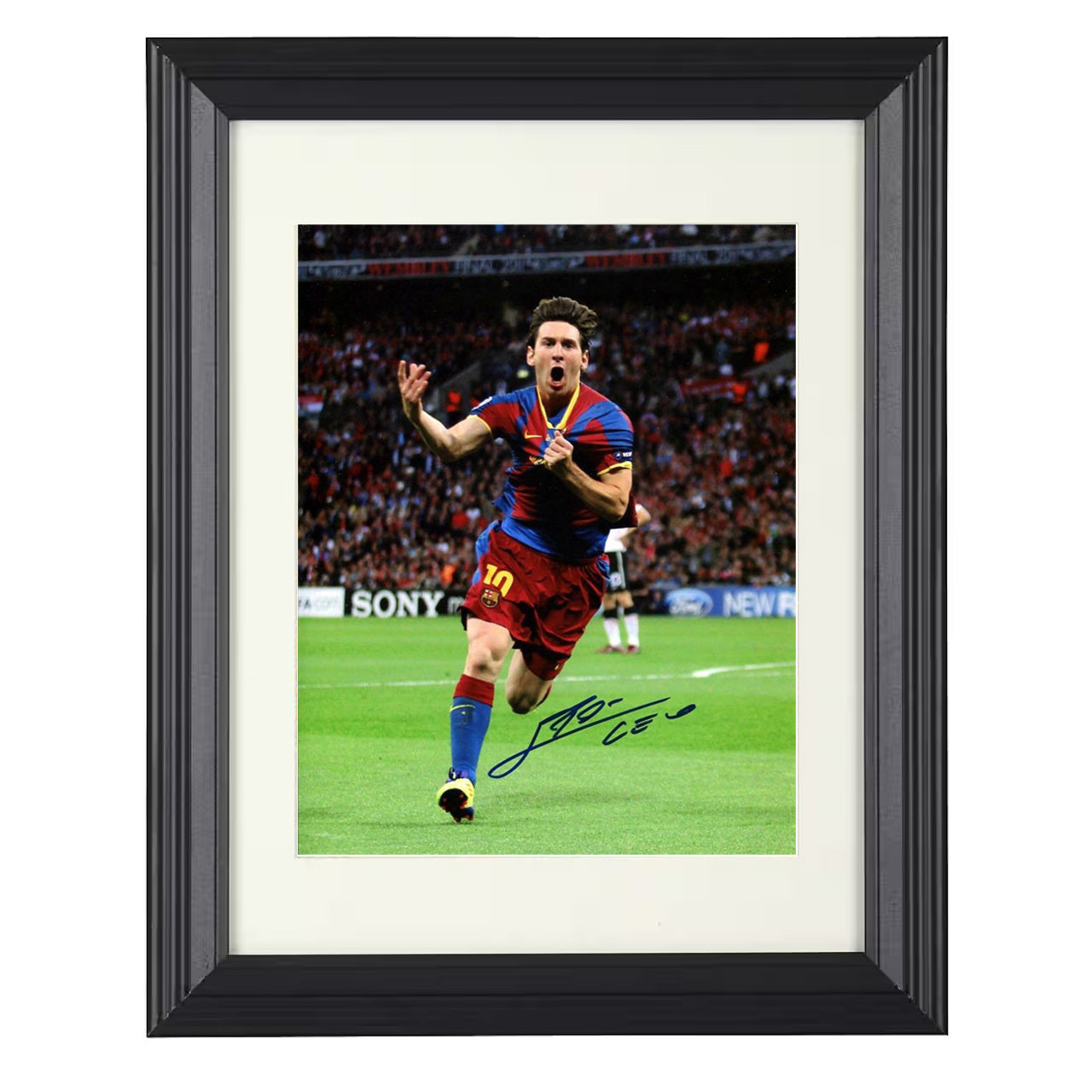 Lionel Messi – Barcelona GOAT Goal Celebration Run Camp Nou 8x10 matted black framed soccer wall art