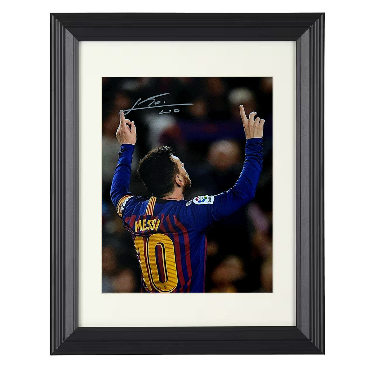 Lionel Messi – Barcelona Hands Raised Celebration 8x10 matted black framed soccer wall art
