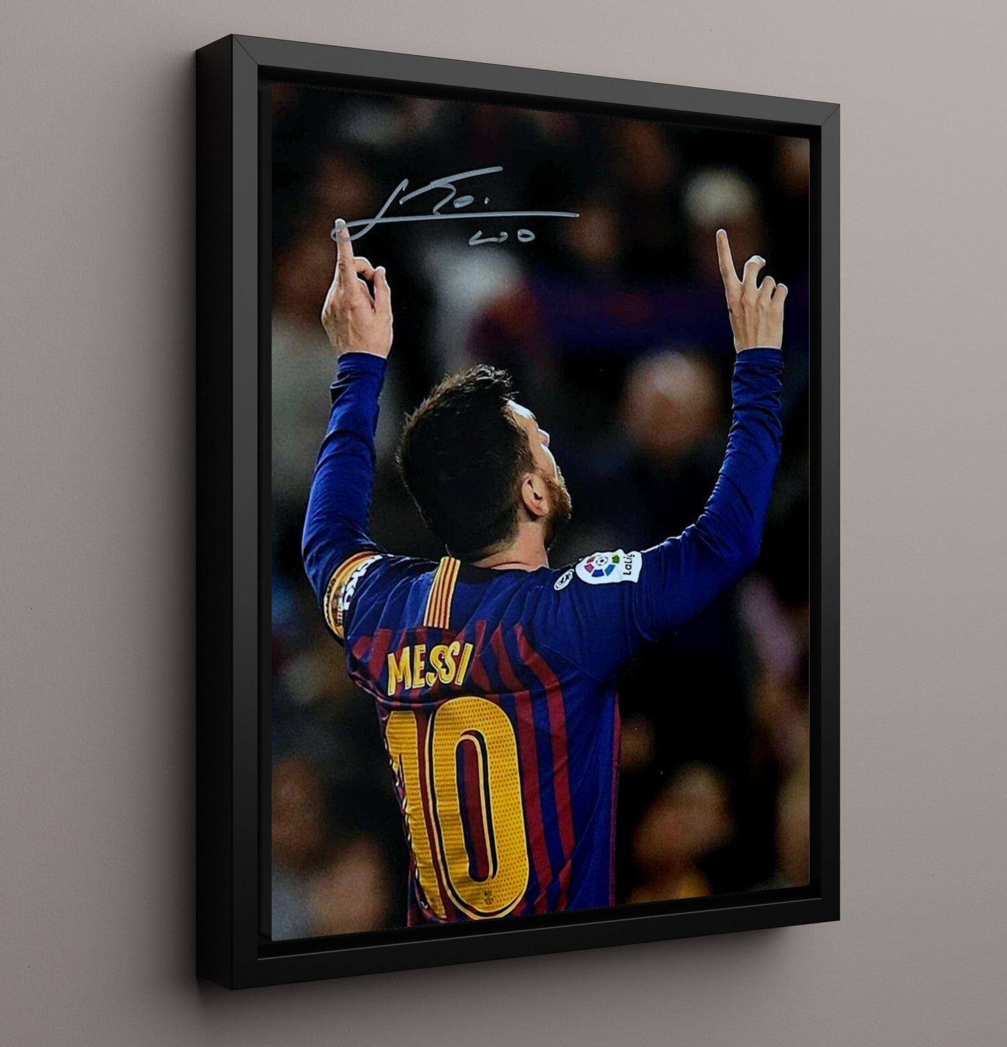 Messi Barcelona Hands Raised Goal Celebration Print Spotlight Soccer Print 16x20 Framed Canvas soccer wall art print – Soccer Prints decor