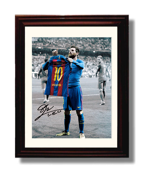 Messi Barcelona Shirt Lift El Clasico Icon Celebration Spotlight Soccer Print 8x10 Beveled Frame soccer wall art print – Soccer Prints decor