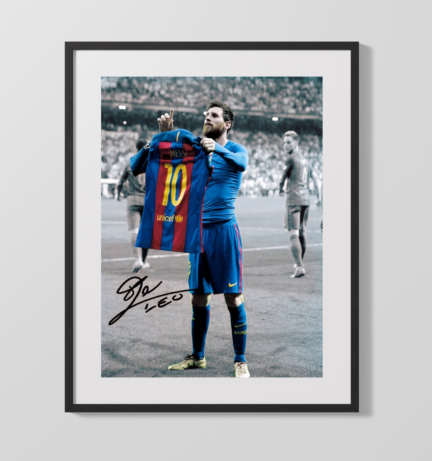 Messi Barcelona Shirt Lift El Clasico Icon Celebration Spotlight Soccer Print 16x20 Gallery Frame soccer wall art print – Soccer Prints decor