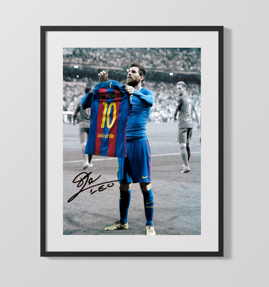 Messi Barcelona Shirt Lift El Clasico Icon Celebration Spotlight Soccer Print 16x20 Gallery Framed Artwork wall art print – soccer decor