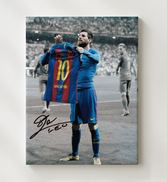 Messi Barcelona Shirt Lift El Clasico Icon Celebration - Canvas soccer wall art