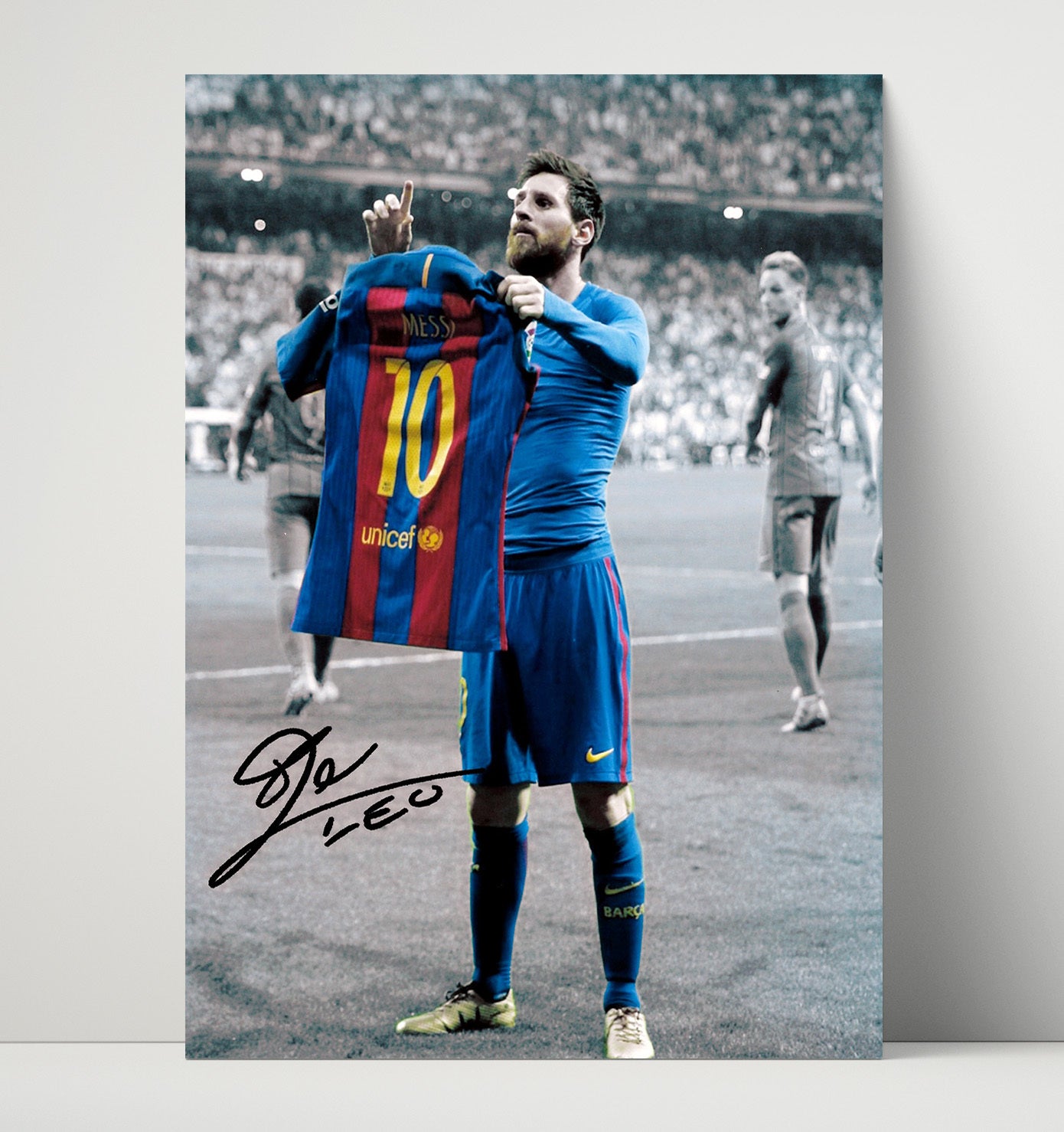 Messi Barcelona Shirt Lift El Clasico Icon Celebration Spotlight Soccer Print 16x20 Unframed Print soccer wall art print – Soccer Prints decor