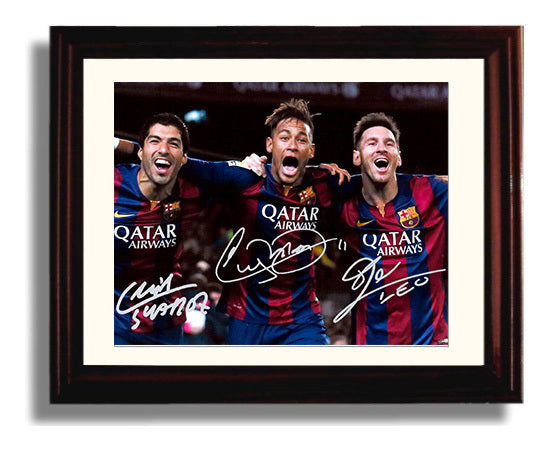 Messi Suarez Neymar Barcelona MSN Dream Team Celebration Soccer Print 8x10 Beveled Frame soccer wall art print – Soccer Prints decor