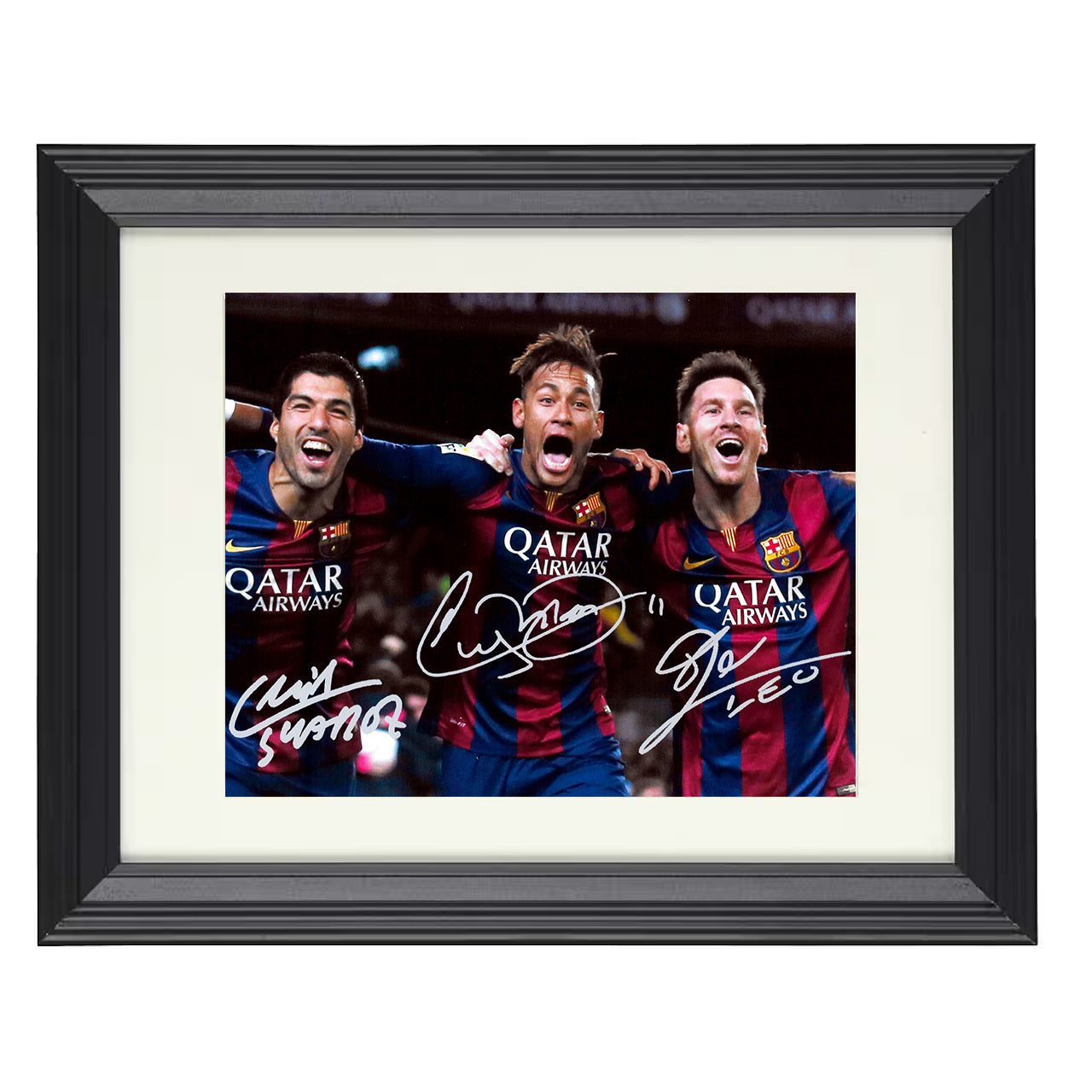 Messi, Suárez and Neymar – Barcelona MSN Dream Team 8x10 matted black framed soccer wall art