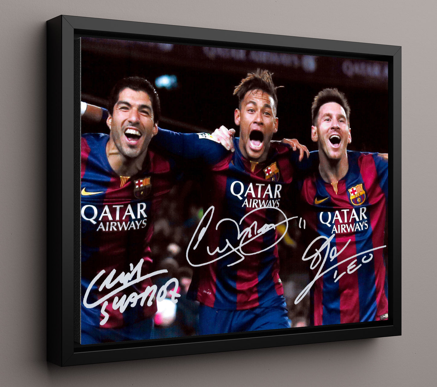 Messi Suarez Neymar Barcelona MSN Dream Team Celebration Soccer Print 16x20 Framed Canvas soccer wall art print – Soccer Prints decor