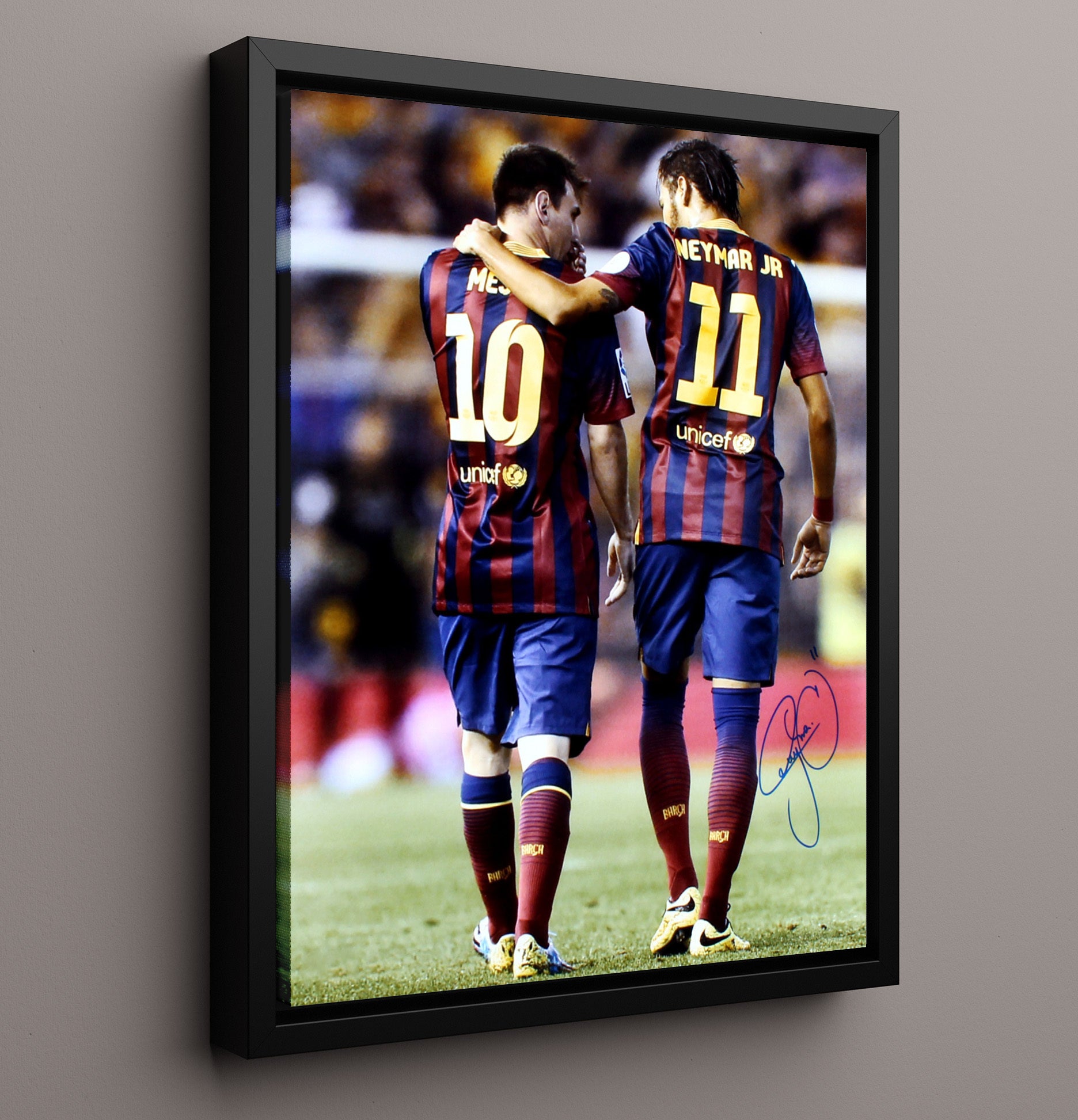 Messi and Neymar Barcelona Legendary Teammates Walk Moment Spotlight Soccer 16x20 Framed Canvas soccer wall art print – Soccer Prints decor
