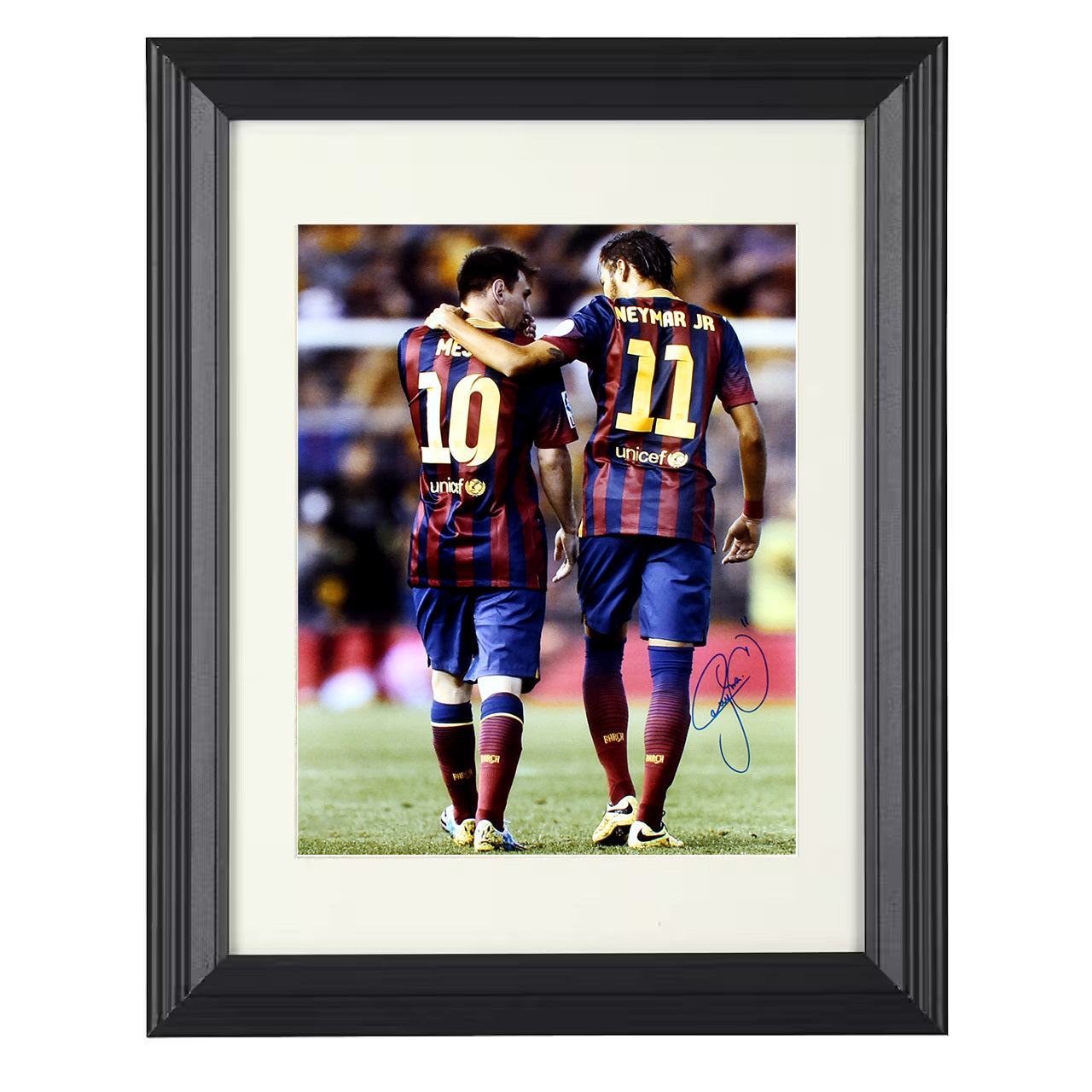 Messi and Neymar – Barcelona Teammates 8x10 matted black framed soccer wall art