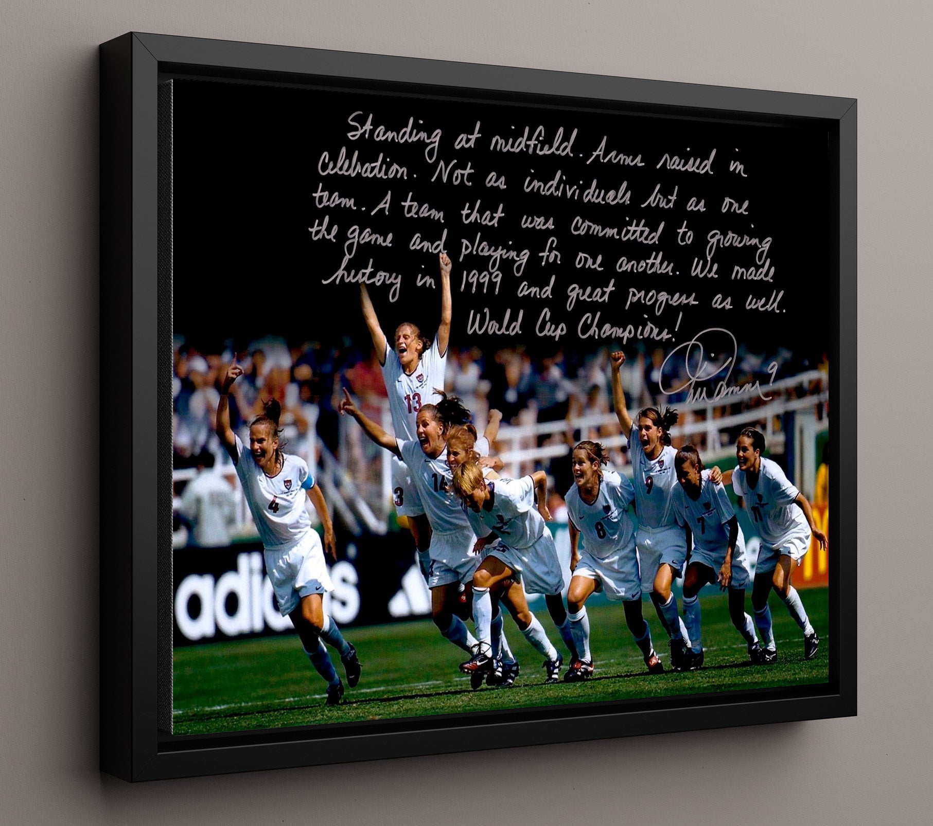 Mia Hamm USA 1999 World Cup Champions Celebration Quote Soccer Print 16x20 Framed Canvas soccer wall art print – Soccer Prints decor