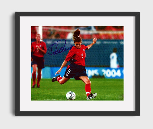 Mia Hamm USA Striking the Ball Match Action Soccer Print 16x20 Gallery Framed Artwork wall art print – soccer decor