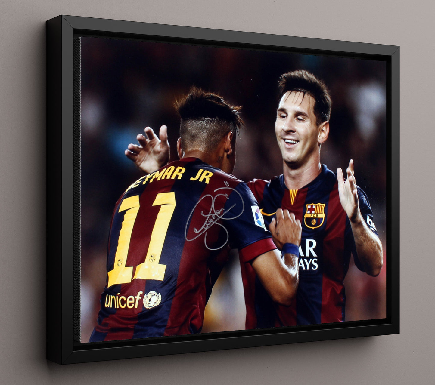 Neymar Jr Barcelona Arms Raised Goal Celebration Print Soccer Print 16x20 Framed Canvas soccer wall art print – Soccer Prints decor