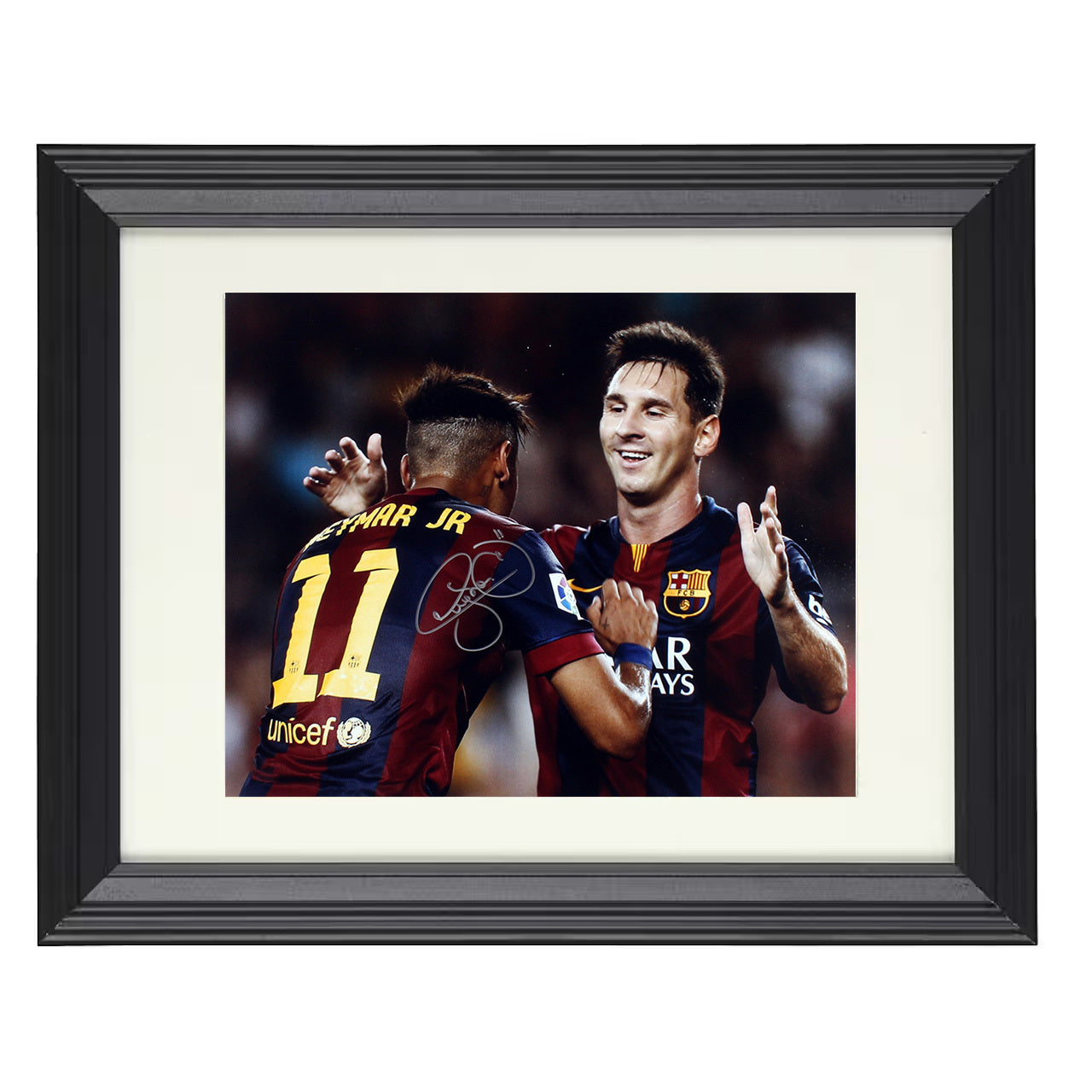 Neymar Jr. – Barcelona Arms Raised Goal Celebration 8x10 matted black framed soccer wall art