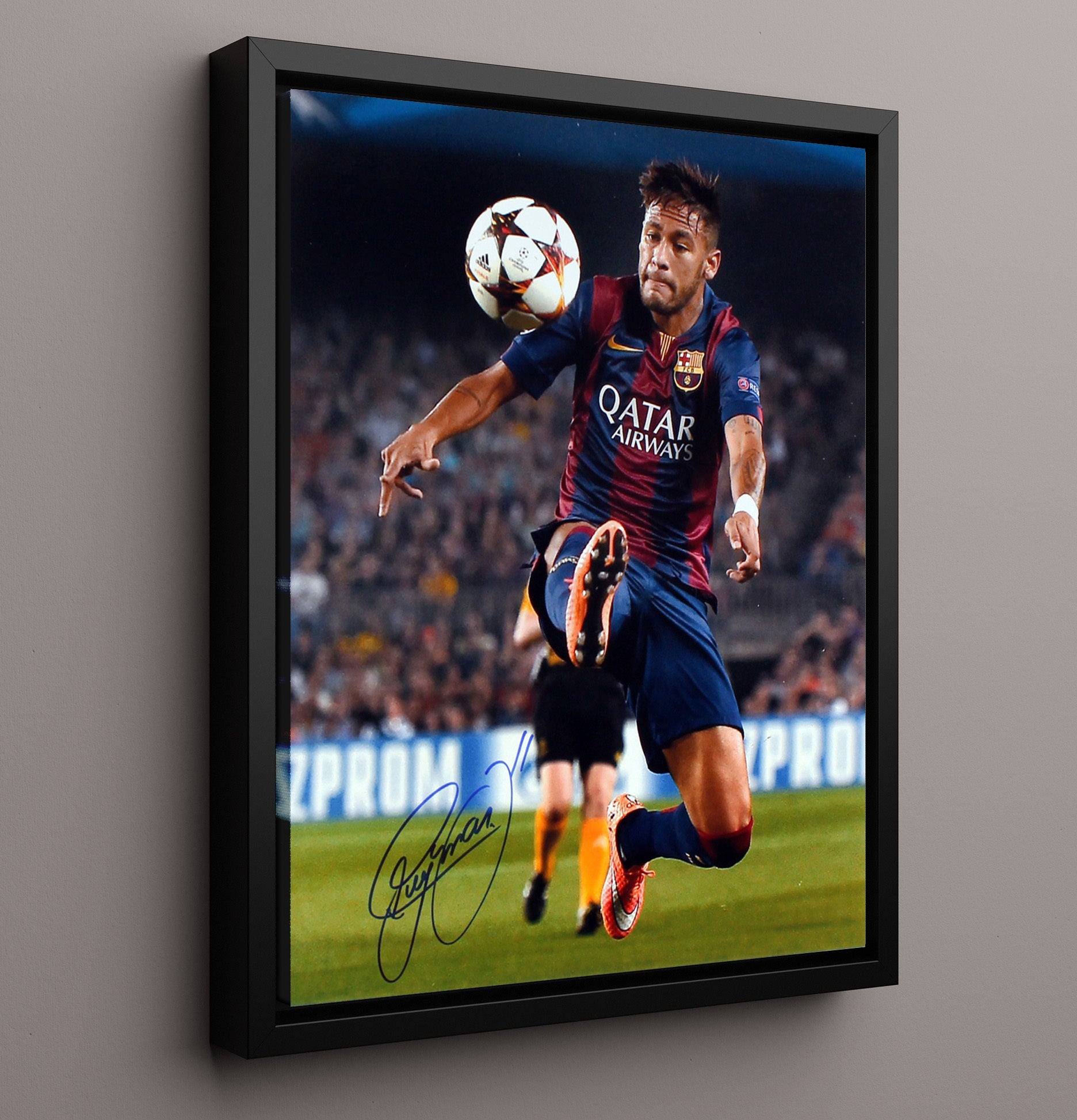 Neymar Jr Barcelona Airborne Ball Control Champions League Night Soccer Print 16x20 Framed Canvas soccer wall art print – Soccer Prints decor