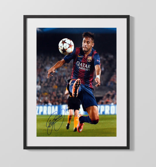 Neymar Jr Barcelona Airborne Ball Control Champions League Night Soccer Print 16x20 Gallery Framed Artwork wall art print – soccer decor
