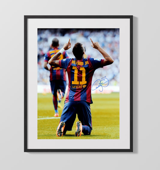 Neymar Jr Barcelona Knee Slide Goal Celebration Print Camp Nou Soccer Print 16x20 Gallery Framed Artwork wall art print – soccer decor