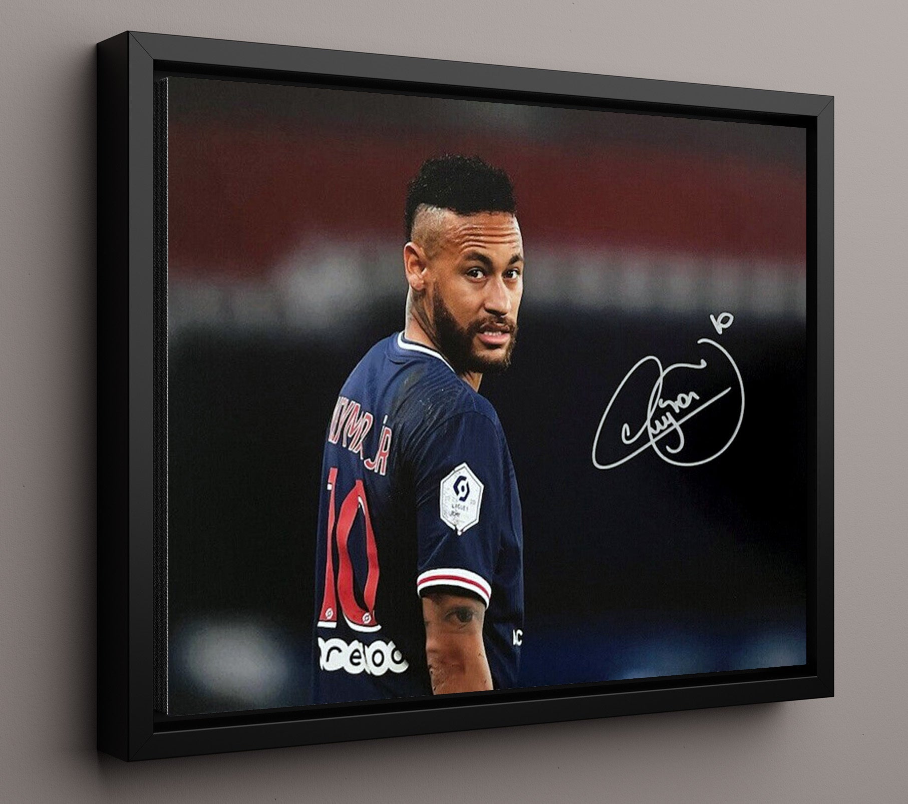 Neymar Jr PSG Iconic Look Back Soccer Print 16x20 Framed Canvas soccer wall art print – Soccer Prints decor